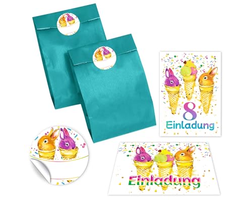 JuNa-Experten 6 Einladungskarten zum 8. Kindergeburtstag Mädchen Jungen Kaninchen Einladung achte Geburtstag incl. 6 Umschläge, 6 Partytüten/petrol, 6 Aufkleber von JuNa-Experten