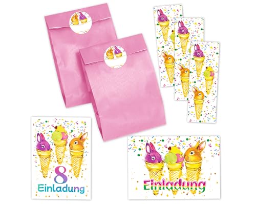 JuNa-Experten 6 Einladungskarten zum 8. Kindergeburtstag Mädchen Jungen Kaninchen Einladung achte Geburtstag incl. 6 Umschläge, 6 Partytüten/rosa, 6 Aufkleber, 6 Lesezeichen von JuNa-Experten