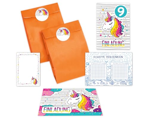 JuNa-Experten 6 Einladungskarten zum 9. Kindergeburtstag Mädchen Einhorn Unicorn Einladung neunte Geburtstag incl. 6 Umschläge, 6 Tüten/orange, 6 Aufkleber, 6 Blöcke, 6 Schiffe versenken von JuNa-Experten