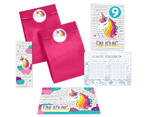 JuNa-Experten 6 Einladungskarten zum 9. Kindergeburtstag Mädchen Einhorn Unicorn Einladung neunte Geburtstag incl. 6 Umschläge, 6 Tüten/pink, 6 Aufkleber, 6 Lesezeichen, 6 Schiffe versenken von JuNa-Experten