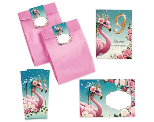 JuNa-Experten 6 Einladungskarten zum 9. Kindergeburtstag Mädchen Flamingo coole bunte Einladungen neunte Geburtstag Mädchengeburtstag incl. 6 Umschläge, 6 Partytüten/rosa, 6 Aufkleber, 6 Lesezeichen von JuNa-Experten