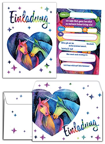 JuNa-Experten 6 Einladungskarten zum Kindergeburtstag für Mädchen Einhorn incl. 6 Umschläge/Unicorn/zwei Einhörner/Einladungen/schöne und bunte Geburtstagseinladungen von JuNa-Experten