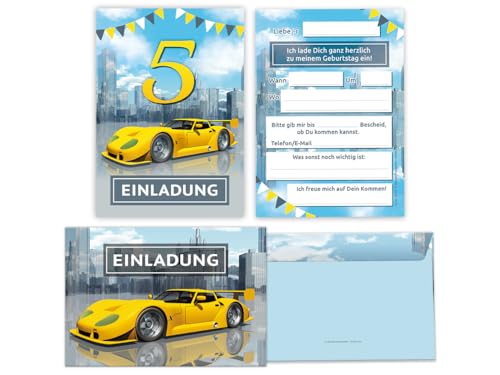 JuNa-Experten 8 Einladungskarten incl. 8 Umschläge 5. Kindergeburtstag Jungen Rennauto Auto Einladungen fünfte Geburtstag von JuNa-Experten