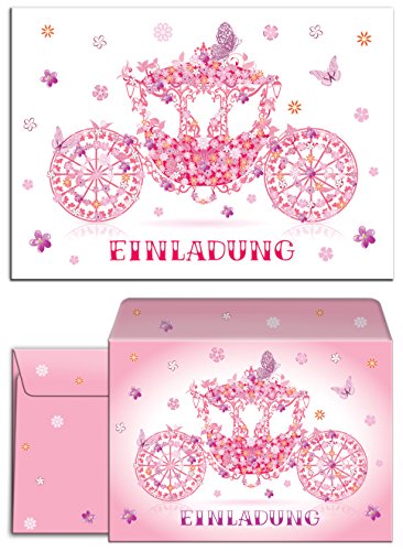 JuNa-Experten 8 Einladungskarten incl. 8 Umschläge zum Kindergeburtstag Prinzessin-Party für Mädchen/Kutsche/rosa/Schmetterlinge/märchenhafte Einladungen zum Geburtstag (8 Karten + 8 Umschläge) von JuNa-Experten