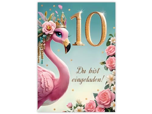 JuNa-Experten 8 Einladungskarten zum 10. Kindergeburtstag Mädchen Flamingo coole bunte Einladungen zehnte Geburtstag Mädchengeburtstag von JuNa-Experten