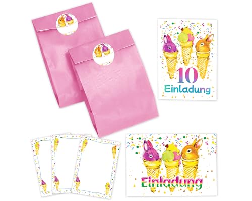 JuNa-Experten 8 Einladungskarten zum 10. Kindergeburtstag Mädchen Jungen Kaninchen Einladung zehnte Geburtstag incl. 8 Umschläge, 8 Partytüten/rosa, 8 Aufkleber, 8 Mini-Notizblöcke von JuNa-Experten