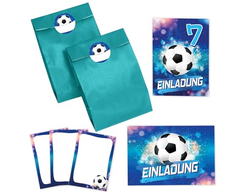 JuNa-Experten 8 Einladungskarten zum 7. Kindergeburtstag Jungen Fußball Fussball Einladungen siebte Geburtstag incl. 8 Umschläge, 8 Partytüten/petrol, 8 Aufkleber, 8 Mini-Notizblöcke von JuNa-Experten