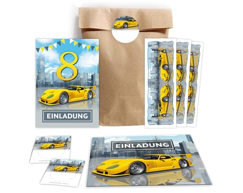 JuNa-Experten 8 Einladungskarten zum 8. Kindergeburtstag Jungen Rennauto Auto Einladungen achte Geburtstag incl. 8 Umschläge, 8 Partytüten/natur, 8 Aufkleber, 8 Lesezeichen von JuNa-Experten