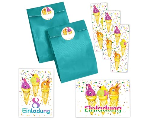 JuNa-Experten 8 Einladungskarten zum 8. Kindergeburtstag Mädchen Jungen Kaninchen Einladung achte Geburtstag incl. 8 Umschläge, 8 Partytüten/petrol, 8 Aufkleber, 8 Lesezeichen von JuNa-Experten