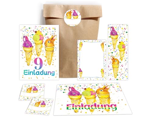 JuNa-Experten 8 Einladungskarten zum 9. Kindergeburtstag Mädchen Jungen Kaninchen Einladung neunte Geburtstag incl. 8 Umschläge, 8 Partytüten/natur, 8 Aufkleber, 8 Lesezeichen, 8 Mini-Notizblöcke von JuNa-Experten