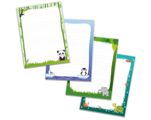 Schreibblock Blöcke Kindermotiv Tiere Notizblöcke mit Linien für Mädchen Jungen Briefblock Notizblock liniert 4er Set (4 Blöcke: Panda, Pinguin, Elefant, Schildkröte mit je 25 Blätter in A5-Format) von JuNa-Experten