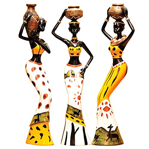 juanxian 3-teiliges Set afrikanische Frauenfiguren, Kunststatuen, Mädchen, Stammesdame, Figur, Statue, Dekoration, Sammlerstück, Kunststück, Vintage-Geschenk, Basteln, Puppenständer, W4545, Gelb, 3 von Juanxian
