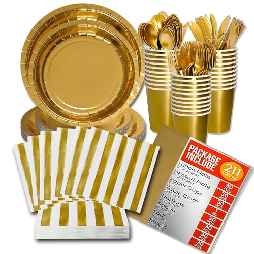 Jubi Glänzendes Goldteller-Set für 30 Personen, goldfarben, Einweggeschirr-Set, inklusive goldfarbenen Partyteller, Becher, Gabel, Löffel, Servietten, Messer und Tischdecke, 211 Teile von Jubi