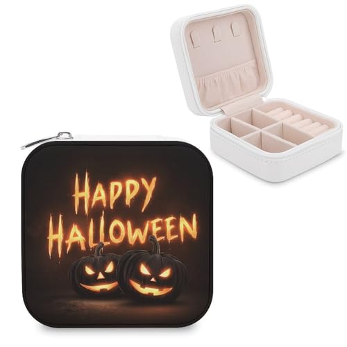 Jubonexis Kleine Schmuckschatulle mit Halloween-Motiv "Happy Halloween", Schmuck-Organizer, tragbar, PU-Leder, Mini-Reise-Schmuckkästchen Jubonexis Kleine Schmuckschatulle mit Halloween-Motiv "Happy Halloween", Schmuck-Organizer, tragbar, PU-Leder, Mini-Reise-Schmuckkästchen von Jubonexis