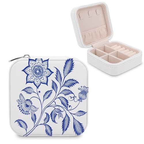 Jubonexis Kleine Schmuckschatulle mit indischer Blume, tragbar, PU-Leder, Mini-Reise-Schmuckkästchen, Blau und Weiß Jubonexis Kleine Schmuckschatulle mit indischer Blume, tragbar, PU-Leder, Mini-Reise-Schmuckkästchen, Blau und Weiß von Jubonexis