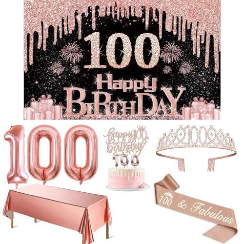 100 Geburtstag Dekorationen für Frauen mit 100 Geburtstag Banner, Rose Gold Tischdecke, 100 Zahlenballons, 100 Geburtstag Schärpe und Tiara, Geburtstag Kuchen Topper und Kerzen 100 von Juesly