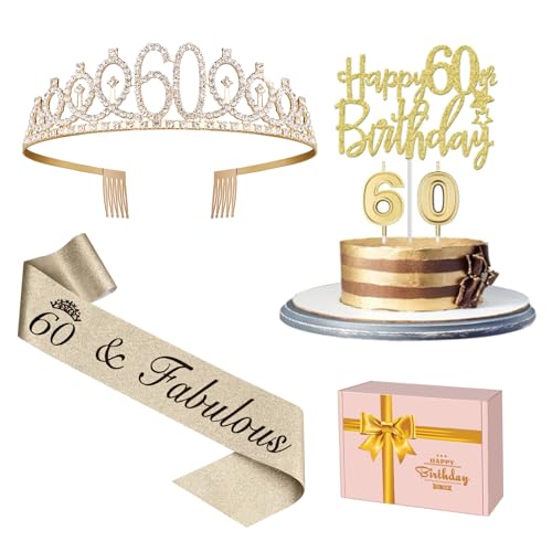 60 Geburtstag Dekorationen für Frauen Gold, einschließlich 60 Geburtstag Schärpe und Tiara, 60 Geburtstag Kuchen Topper und Zahl 60 Kerzen, Happy 60 Geburtstag Geschenke für Frauen (Gold) von Juesly