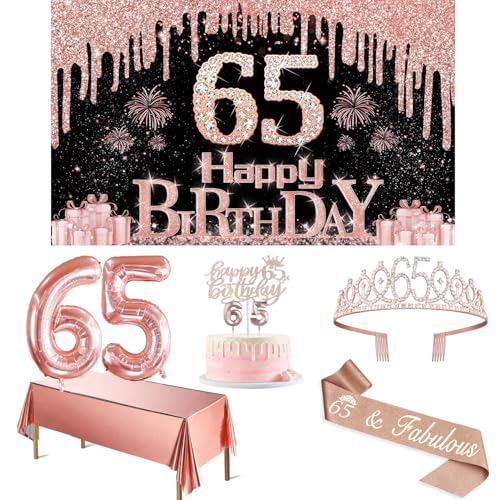 65 Geburtstag Dekorationen für Frauen mit Banner zum 65. Geburtstag, Roségold Tischdecke, 65 Zahlenballons, 65 Geburtstag Schärpe und Tiara, Geburtstag Kuchen Topper und Kerzen 65 von Juesly