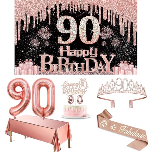 90 Geburtstag Dekorationen für Frauen mit 90 Geburtstag Banner, Rose Gold Tischdecke, 90 Zahlenballons, 90 Geburtstag Schärpe und Tiara, Geburtstag Kuchen Topper und Kerzen 90 von Juesly