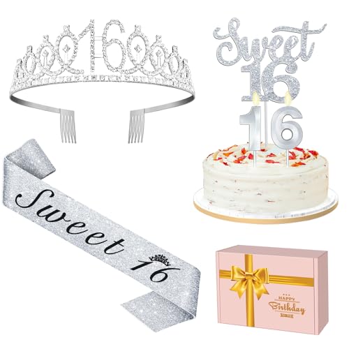 Silberne süße Dekoration zum 16. Geburtstag für Mädchen, einschließlich Schärpe und Tiara, Sweet 16 Cake Topper und Zahl 16 Kerzen, Happy 16th Birthday Geschenke für Sweet 16 Birthday Party von Juesly