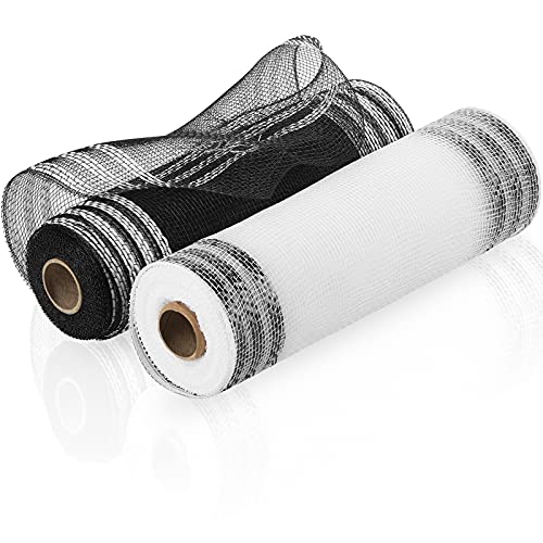 2 Rollen Netzgewebe für Kranz, metallisches Poly-Mesh-Band, Streifen, Smaragdband, Girlanden, Schleifen zum Verpacken und Dekorieren von Projekten für Tür-Dekoration, 9.1 m (schwarz, weiß) von Juexica