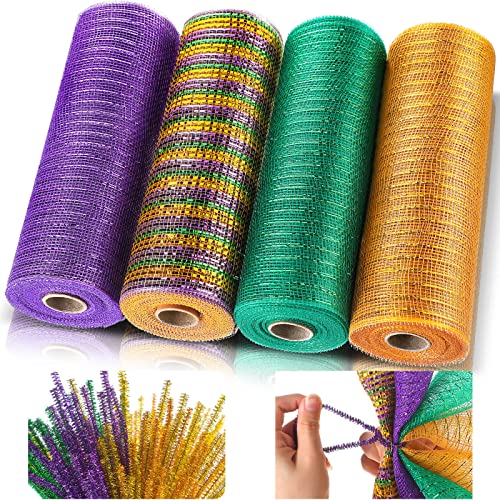 4 Rollen Mardi Gras Poly Mesh Kranz Herstellung Band Supplies 25,4 cm x 9,2 m Metallic Poly Mesh Dekor und 100 Stück Kranz Rohrreiniger Chenille Stiele (Gold, Gelb, Lila, Grün) von Juinte