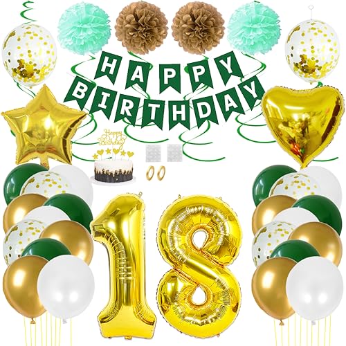 Juland 18. Geburtstag Deko Männer Frauen Grün Gold Geburtstagsdeko Mädchen Junge Happy Birthday Banner 18 Jahre Geburtstag Nummer Folienballons Pompons Konfetti Luftballons Pompons Tortenaufsatz von Juland