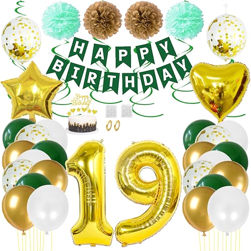 Juland 19. Geburtstag Deko Männer Frauen Grün Gold Geburtstagsdeko Mädchen Junge Happy Birthday Banner 19 Jahre Geburtstag Nummer Folienballons Pompons Konfetti Luftballons Pompons Tortenaufsatz von Juland