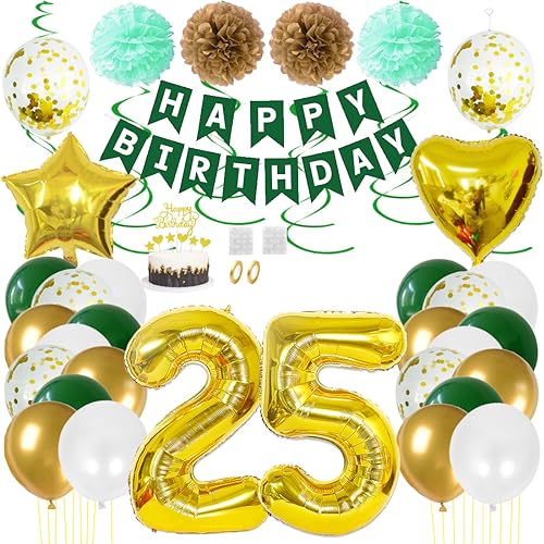 Juland 25. Geburtstag Deko Männer Frauen Grün Gold Geburtstagsdeko Mädchen Junge Happy Birthday Banner 25 Jahre Geburtstag Nummer Folienballons Pompons Konfetti Luftballons Pompons Tortenaufsatz von Juland