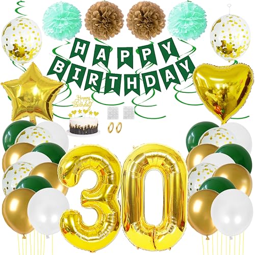 Juland 30. Geburtstag Deko Männer Frauen Grün Gold Geburtstagsdeko Mädchen Junge Happy Birthday Banner 30 Jahre Geburtstag Nummer Folienballons Pompons Konfetti Luftballons Pompons Tortenaufsatz von Juland