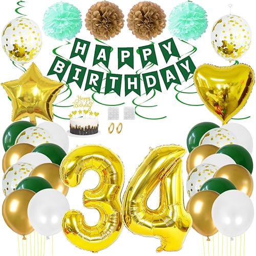 Juland 34. Geburtstag Deko Männer Frauen Grün Gold Geburtstagsdeko Mädchen Junge Happy Birthday Banner 34 Jahre Geburtstag Nummer Folienballons Pompons Konfetti Luftballons Pompons Tortenaufsatz von Juland