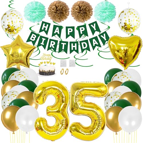 Juland 35. Geburtstag Deko Männer Frauen Grün Gold Geburtstagsdeko Mädchen Junge Happy Birthday Banner 35 Jahre Geburtstag Nummer Folienballons Pompons Konfetti Luftballons Pompons Tortenaufsatz von Juland