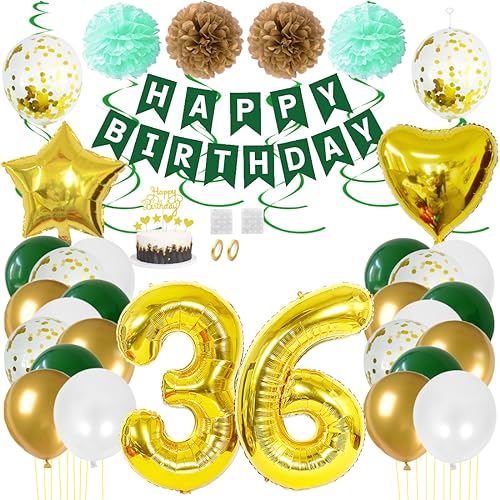 Juland 36. Geburtstag Deko Männer Frauen Grün Gold Geburtstagsdeko Mädchen Junge Happy Birthday Banner 36 Jahre Geburtstag Nummer Folienballons Pompons Konfetti Luftballons Pompons Tortenaufsatz von Juland