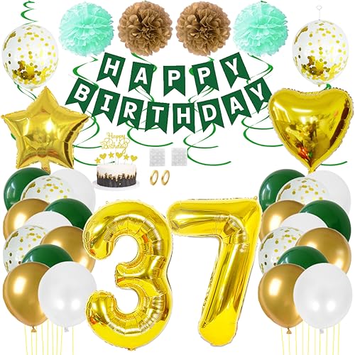 Juland 37. Geburtstag Deko Männer Frauen Grün Gold Geburtstagsdeko Mädchen Junge Happy Birthday Banner 37 Jahre Geburtstag Nummer Folienballons Pompons Konfetti Luftballons Pompons Tortenaufsatz von Juland