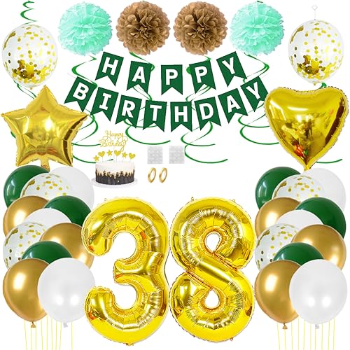 Juland 38. Geburtstag Deko Männer Frauen Grün Gold Geburtstagsdeko Mädchen Junge Happy Birthday Banner 38 Jahre Geburtstag Nummer Folienballons Pompons Konfetti Luftballons Pompons Tortenaufsatz von Juland