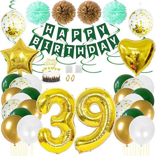 Juland 39. Geburtstag Deko Männer Frauen Grün Gold Geburtstagsdeko Mädchen Junge Happy Birthday Banner 39 Jahre Geburtstag Nummer Folienballons Pompons Konfetti Luftballons Pompons Tortenaufsatz von Juland