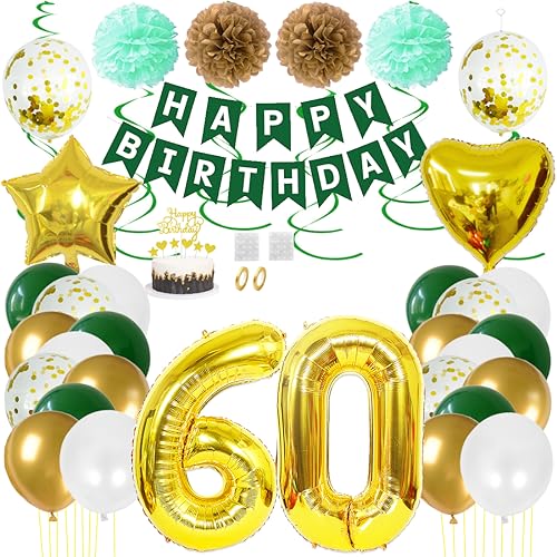 Juland 60. Geburtstag Deko Männer Frauen Grün Gold Geburtstagsdeko Mädchen Junge Happy Birthday Banner 60 Jahre Geburtstag Nummer Folienballons Pompons Konfetti Luftballons Pompons Tortenaufsatz von Juland