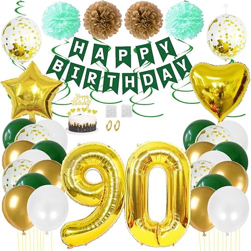 Juland 90. Geburtstag Deko Männer Frauen Grün Gold Geburtstagsdeko Mädchen Junge Happy Birthday Banner 90 Jahre Geburtstag Nummer Folienballons Pompons Konfetti Luftballons Pompons Tortenaufsatz von Juland