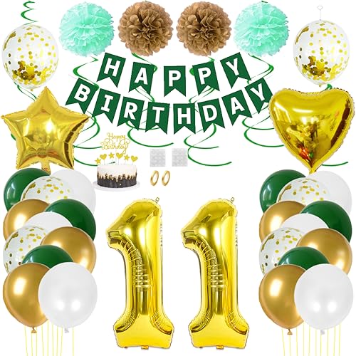 Juland 11. Geburtstag Deko Männer Frauen Grün Gold Geburtstagsdeko Mädchen Junge Happy Birthday Banner 11 Jahre Geburtstag Nummer Folienballons Pompons Konfetti Luftballons Pompons Tortenaufsatz von Juland