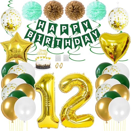 Juland 12. Geburtstag Deko Männer Frauen Grün Gold Geburtstagsdeko Mädchen Junge Happy Birthday Banner 12 Jahre Geburtstag Nummer Folienballons Pompons Konfetti Luftballons Pompons Tortenaufsatz von Juland