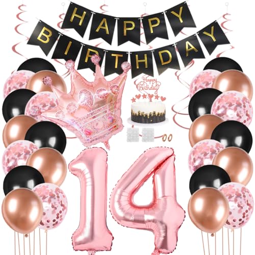 Juland 14. Geburtstag Deko Männer Frauen Schwarz Rose Gold Geburtstagsdeko Mädchen Junge Happy Birthday Banner 14 Jahre Geburtstag Nummer Folienballons Krone Konfetti Luftballons Tortenaufsatz von Juland