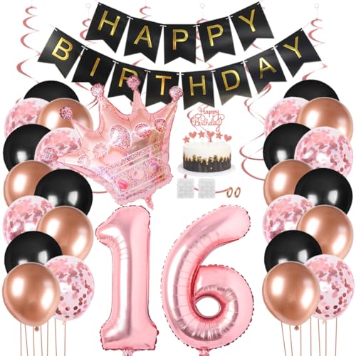 Juland 16. Geburtstag Deko Männer Frauen Schwarz Rose Gold Geburtstagsdeko Mädchen Junge Happy Birthday Banner 16 Jahre Geburtstag Nummer Folienballons Krone Konfetti Luftballons Tortenaufsatz von Juland