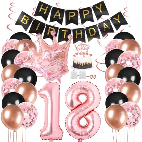 Juland 18. Geburtstag Deko Männer Frauen Schwarz Rose Gold Geburtstagsdeko Mädchen Junge Happy Birthday Banner 18 Jahre Geburtstag Nummer Folienballons Krone Konfetti Luftballons Tortenaufsatz von Juland