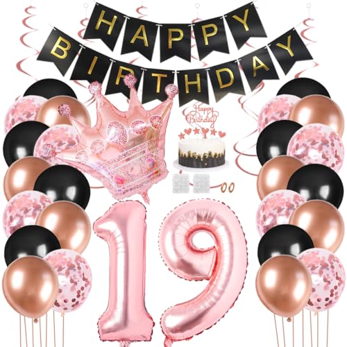 Juland 19. Geburtstag Deko Männer Frauen Schwarz Rose Gold Geburtstagsdeko Mädchen Junge Happy Birthday Banner 19 Jahre Geburtstag Nummer Folienballons Krone Konfetti Luftballons Tortenaufsatz von Juland