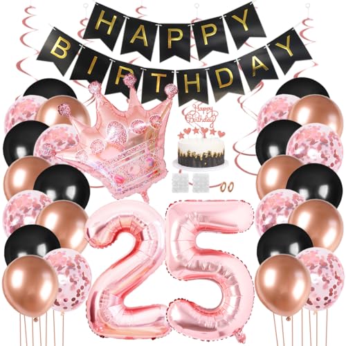 Juland 25. Geburtstag Deko Männer Frauen Schwarz Rose Gold Geburtstagsdeko Mädchen Junge Happy Birthday Banner 25 Jahre Geburtstag Nummer Folienballons Krone Konfetti Luftballons Tortenaufsatz von Juland