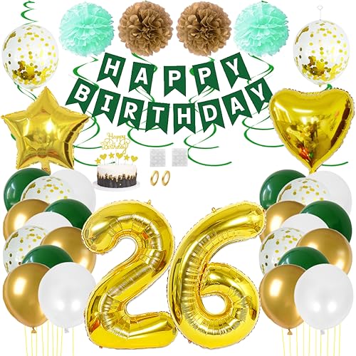 Juland 26. Geburtstag Deko Männer Frauen Grün Gold Geburtstagsdeko Mädchen Junge Happy Birthday Banner 26 Jahre Geburtstag Nummer Folienballons Pompons Konfetti Luftballons Pompons Tortenaufsatz von Juland