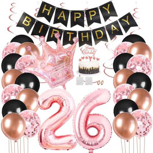 Juland 26. Geburtstag Deko Männer Frauen Schwarz Rose Gold Geburtstagsdeko Mädchen Junge Happy Birthday Banner 26 Jahre Geburtstag Nummer Folienballons Krone Konfetti Luftballons Tortenaufsatz von Juland