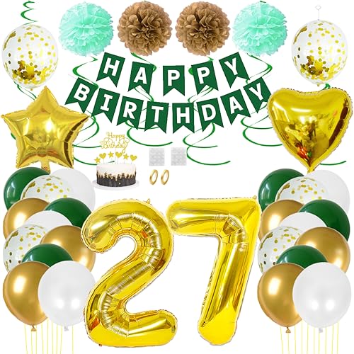 Juland 27. Geburtstag Deko Männer Frauen Grün Gold Geburtstagsdeko Mädchen Junge Happy Birthday Banner 27 Jahre Geburtstag Nummer Folienballons Pompons Konfetti Luftballons Pompons Tortenaufsatz von Juland