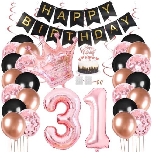 Juland 31. Geburtstag Deko Männer Frauen Schwarz Rose Gold Geburtstagsdeko Mädchen Junge Happy Birthday Banner 31 Jahre Geburtstag Nummer Folienballons Krone Konfetti Luftballons Tortenaufsatz von Juland