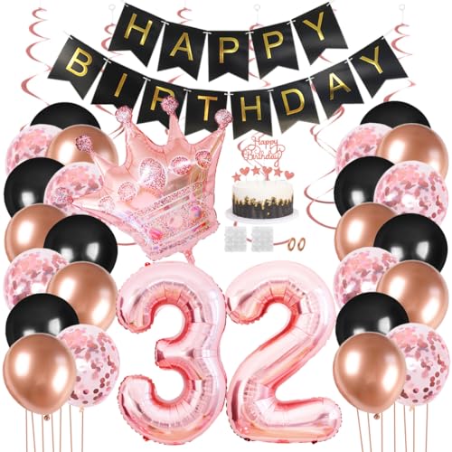 Juland 32. Geburtstag Deko Männer Frauen Schwarz Rose Gold Geburtstagsdeko Mädchen Junge Happy Birthday Banner 32 Jahre Geburtstag Nummer Folienballons Krone Konfetti Luftballons Tortenaufsatz von Juland